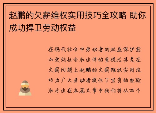 赵鹏的欠薪维权实用技巧全攻略 助你成功捍卫劳动权益